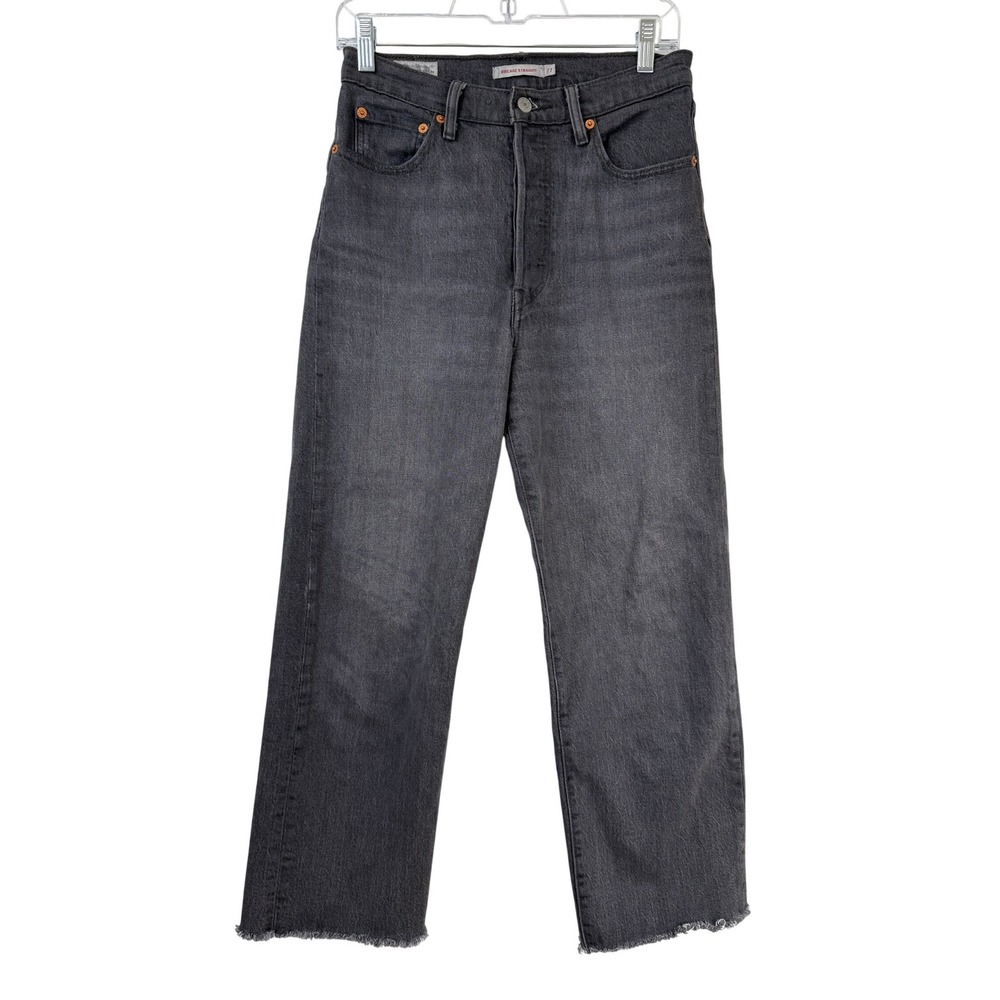 Levi's PREMIUM Ribcage Straight Women 27‎ WASHED BLACK High Rise Raw Hem Jeans